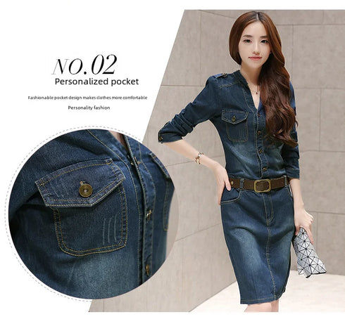 Slimming Women's Denim Dress Medium Length Short Sleeves Smooth Silhouette